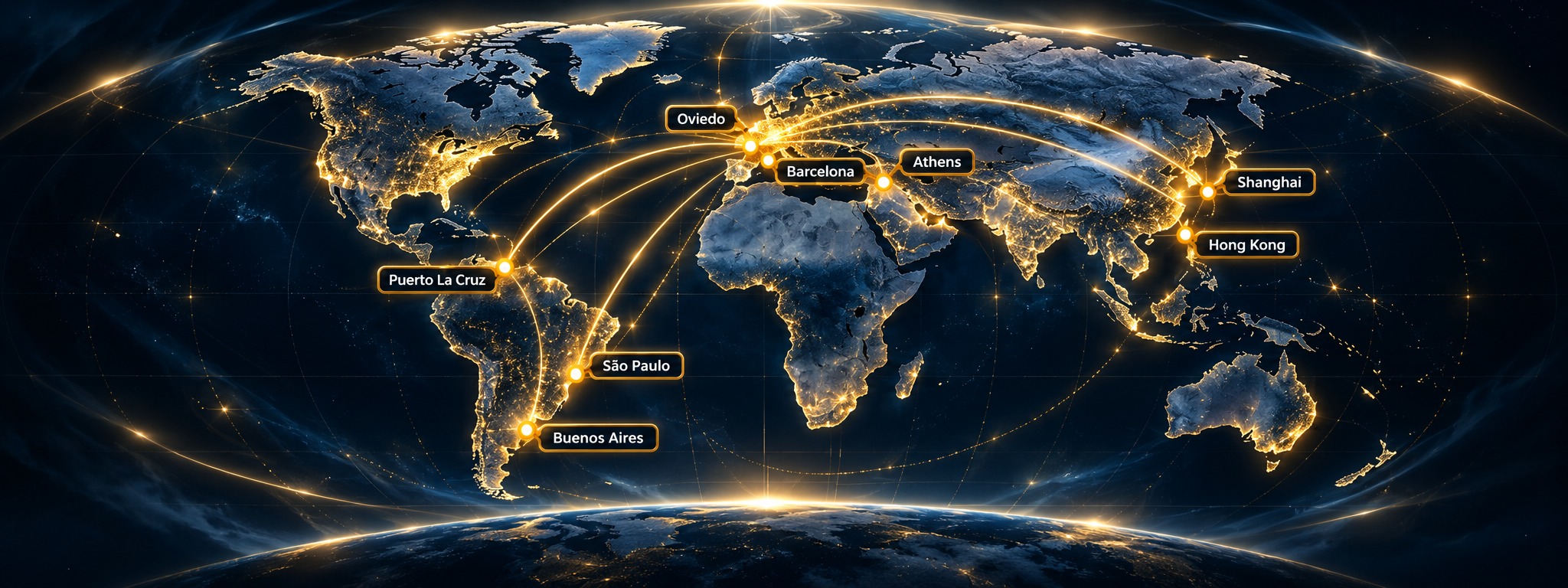 XFANS international network locations: Oviedo, Barcelona, Athens, Shanghai, Hong Kong, Puerto La Cruz, São Paulo and Buenos Aires